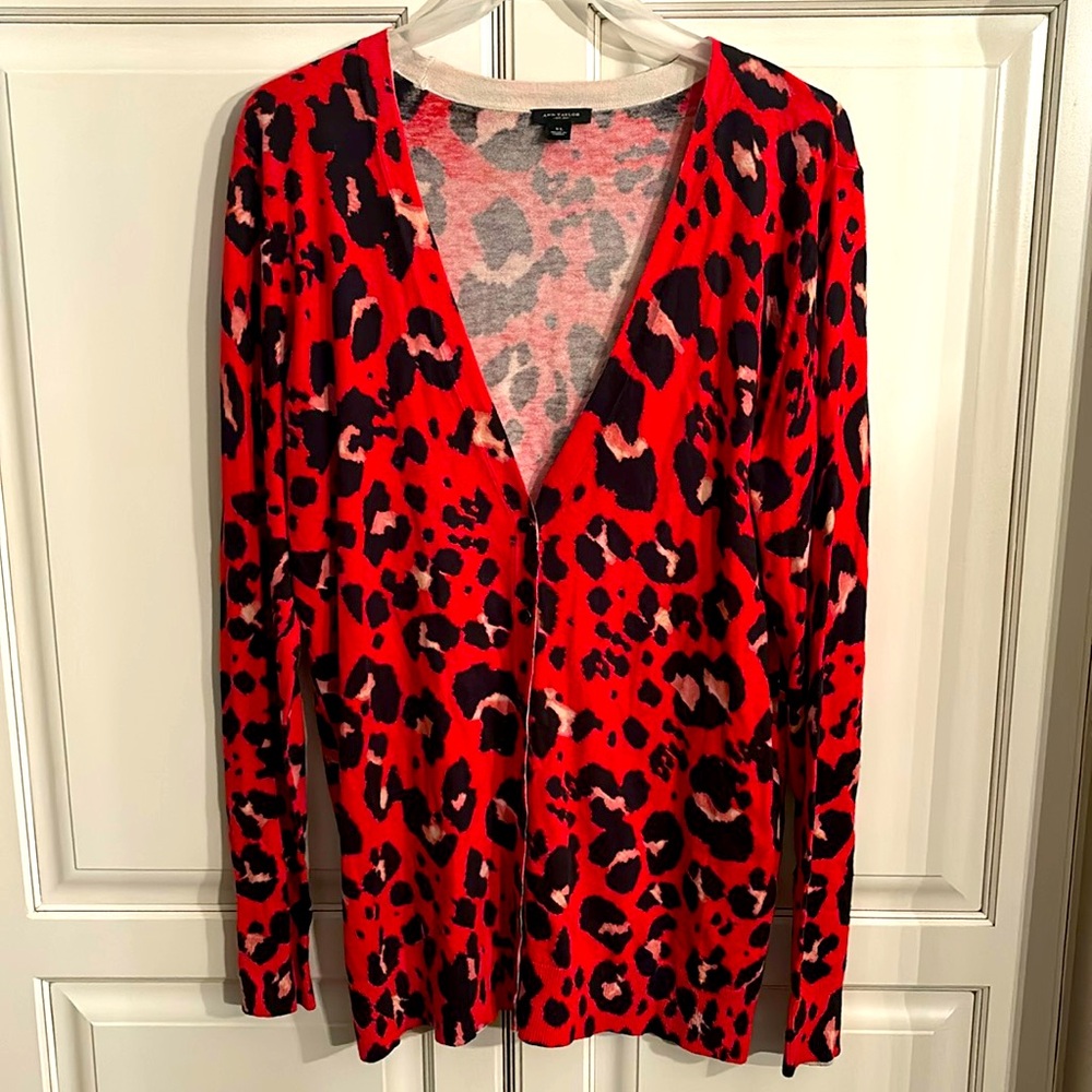 Ann Taylor Red and Black Leopard Print Cardigan